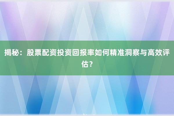 揭秘：股票配资投资回报率如何精准洞察与高效评估？