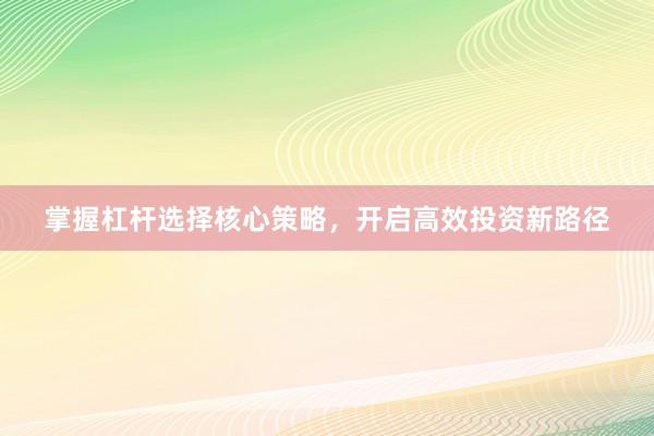 掌握杠杆选择核心策略，开启高效投资新路径